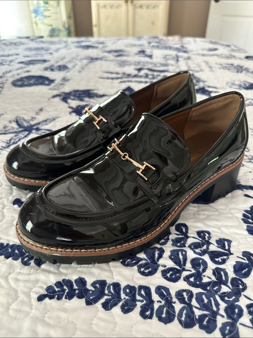 Black Patent Leather Bit Loafers with Low Block Heel